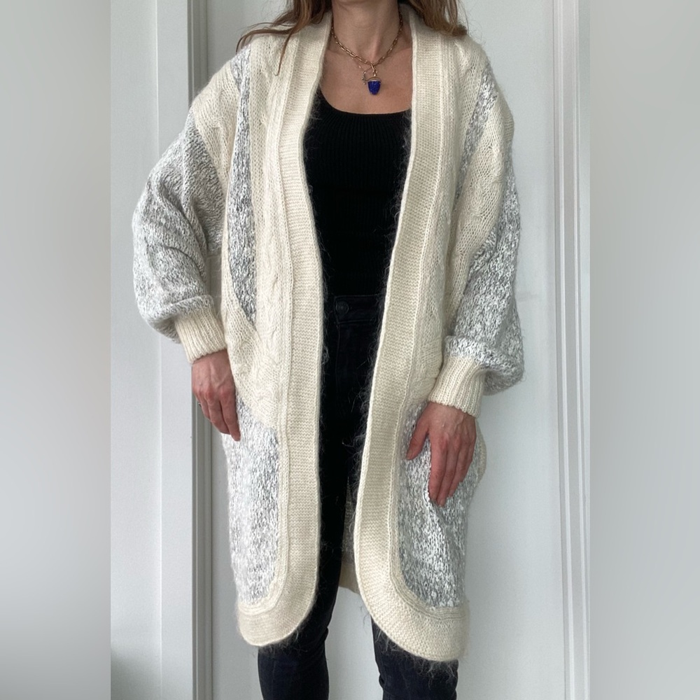 VTG soft mohair cable-knit slouchy cream coloured long duster cardigan sweater - Picture 5 of 12